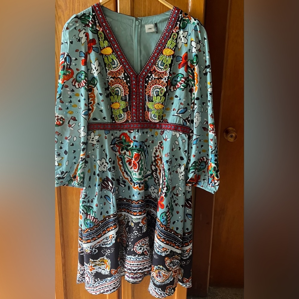Embroidered Beaded  Boho Floral V-Neck Dress in Teal Multi